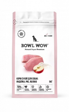 BOWL WOW сухой корм для взрослых собак средних пород с индейкой, рисом и яблоком