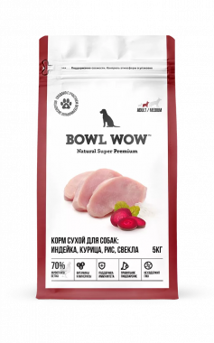 BOWL WOW сухой корм для взрослых собак средних пород с индейкой, курицей, рисом и свеклой