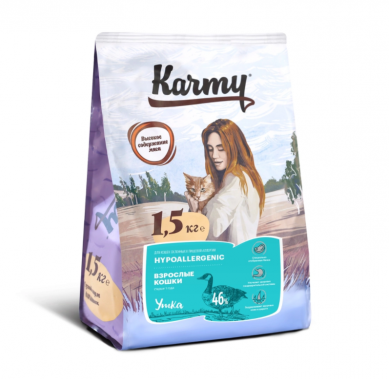 Karmy Hypoallergenic сухой корм с уткой для взрослых кошек в возрасте старше 1 года, склонных к пищевой аллергии