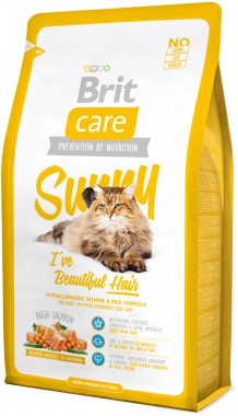 Brit Care Sunny Beautiful Hair гипоаллергенный сухой корм с лососем и рисом для кошек, шерсть которых требует ухода